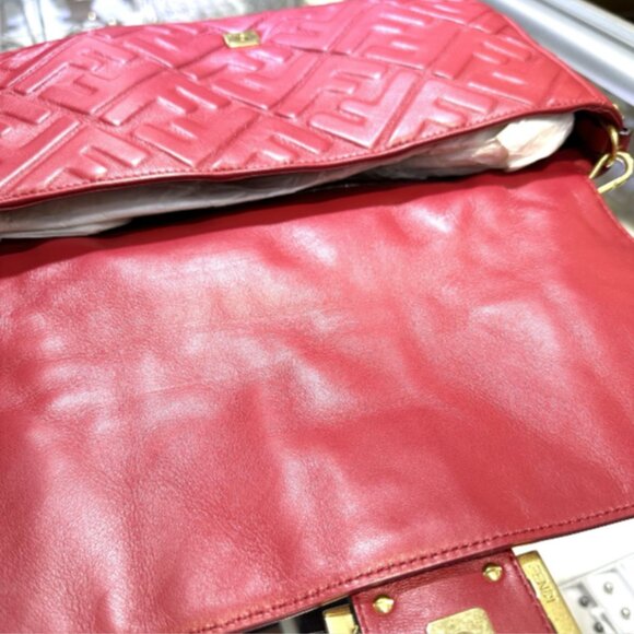 Fendi Zucca Embossed Baguette Red Calf Leather Satchel - Picture 6 of 8